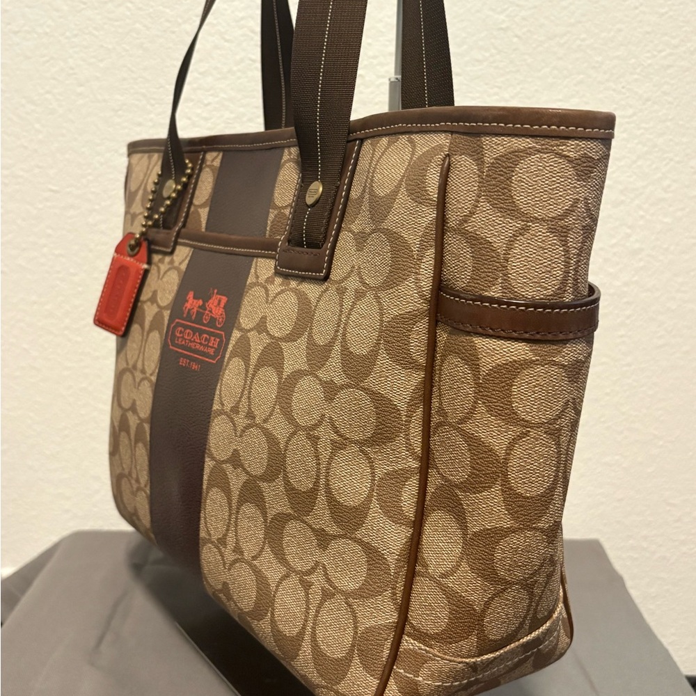 Coach Signature Canvas Tote in Brown, Tan and Red Accent - Picture 4 of 11